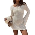 thumbnail image 3 of Womens Solid Color Crochet Lace Backless Long Sleeve Cover Up Sweater Beach Dress Summer Holiday L, 3 of 9