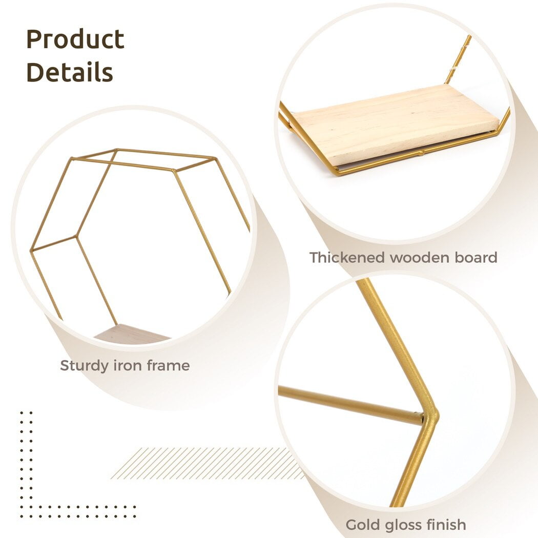 3Pcs Hexagon Floating Shelves with LED Light Strip, Modern Wall Mounted Metal Storage Shelves with Wooden Base, Wall Decor for Home Living Room Bedroom Bathroom