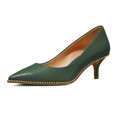 XYD Women Comfort Kitten Heels Pumps Slip On Pointed Closed Toe Studs Around Formal Office Shoes Size 10.5 Green