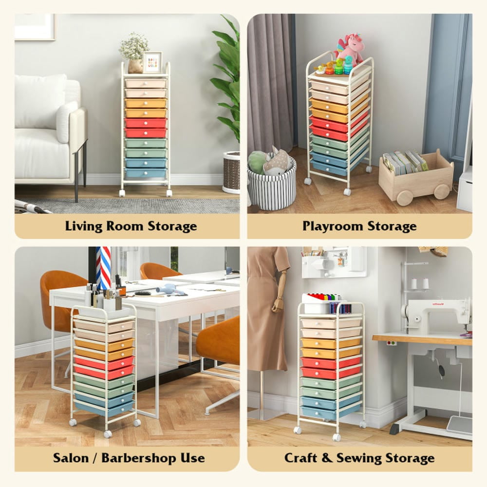 Spaco 10 Drawer Rolling Storage Cart Organizer with 4 Universal Casters-Macaron Multicolor, Craft Organizers and Storage, Multipurpose Organizer Cart for Home, Office, School