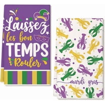 Mardi Gras Kitchen Towels Set of 2,Purple Lobster Mask Fleur de lis Dish Hand Towels Holiday Carnival New Orleans Seasonal Decorations