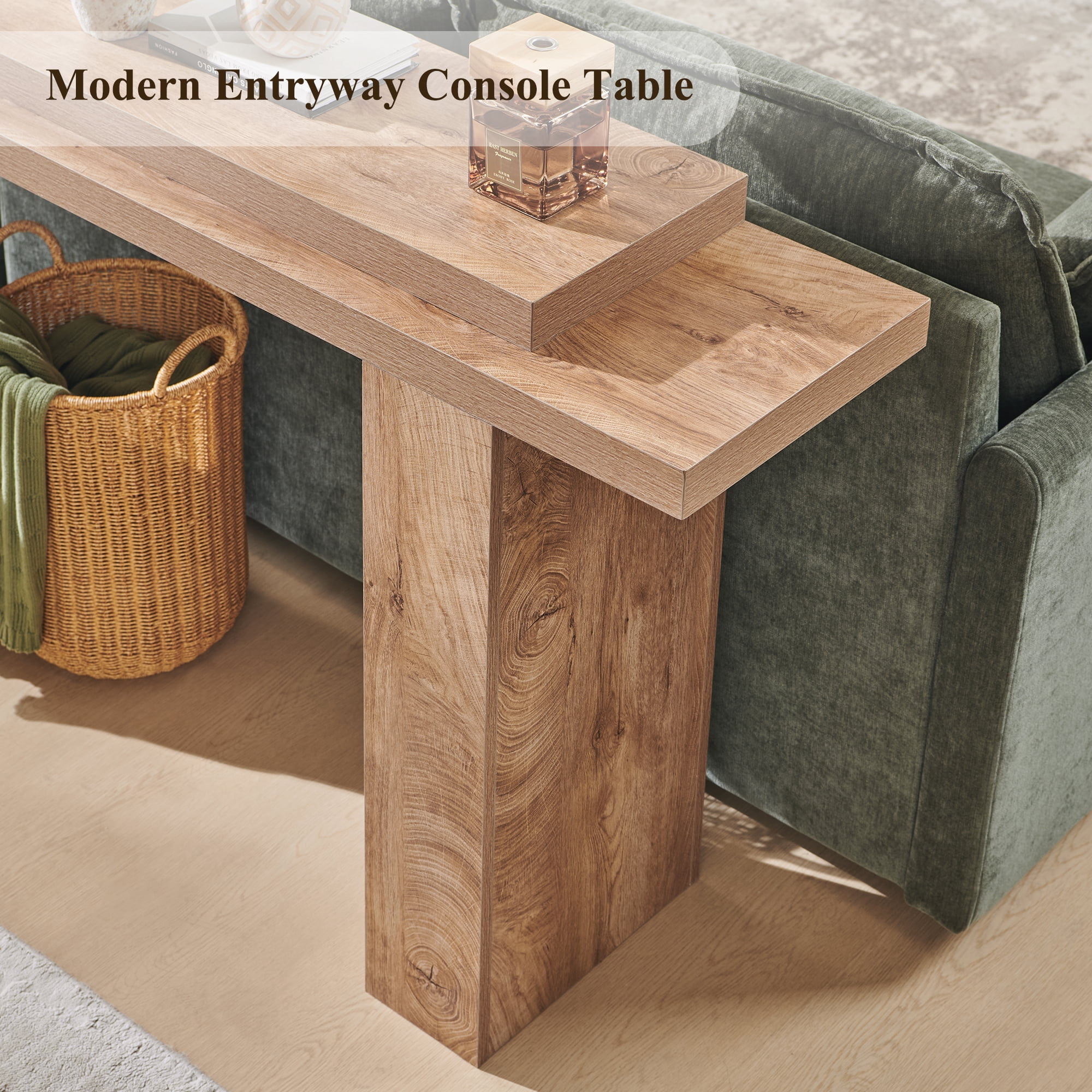 KeyWhat 63" Entryway Console Table, Wooden Modern Sofa Table Behind Couch, Dual-Level Countertop Design for Hallway, Entryway, Living Room, Light Knotty Oak