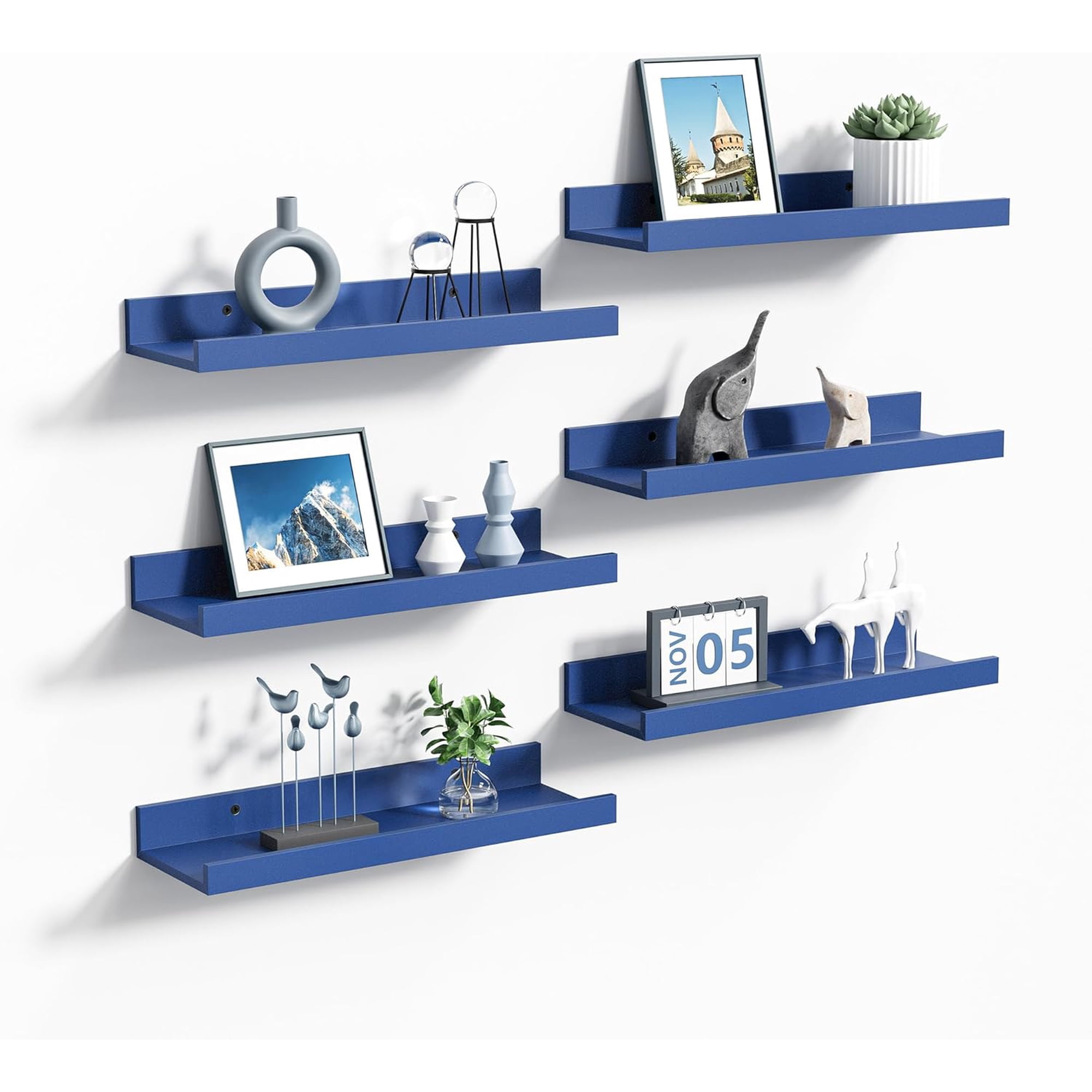 Floating Shelves for Wall Decor Storage Navy Blue 6Pcs 15.7 | Wall Mounted Wood Shelves for Living Room Bedroom Bathroom Kitchen Office Laundry Room Display and Organize