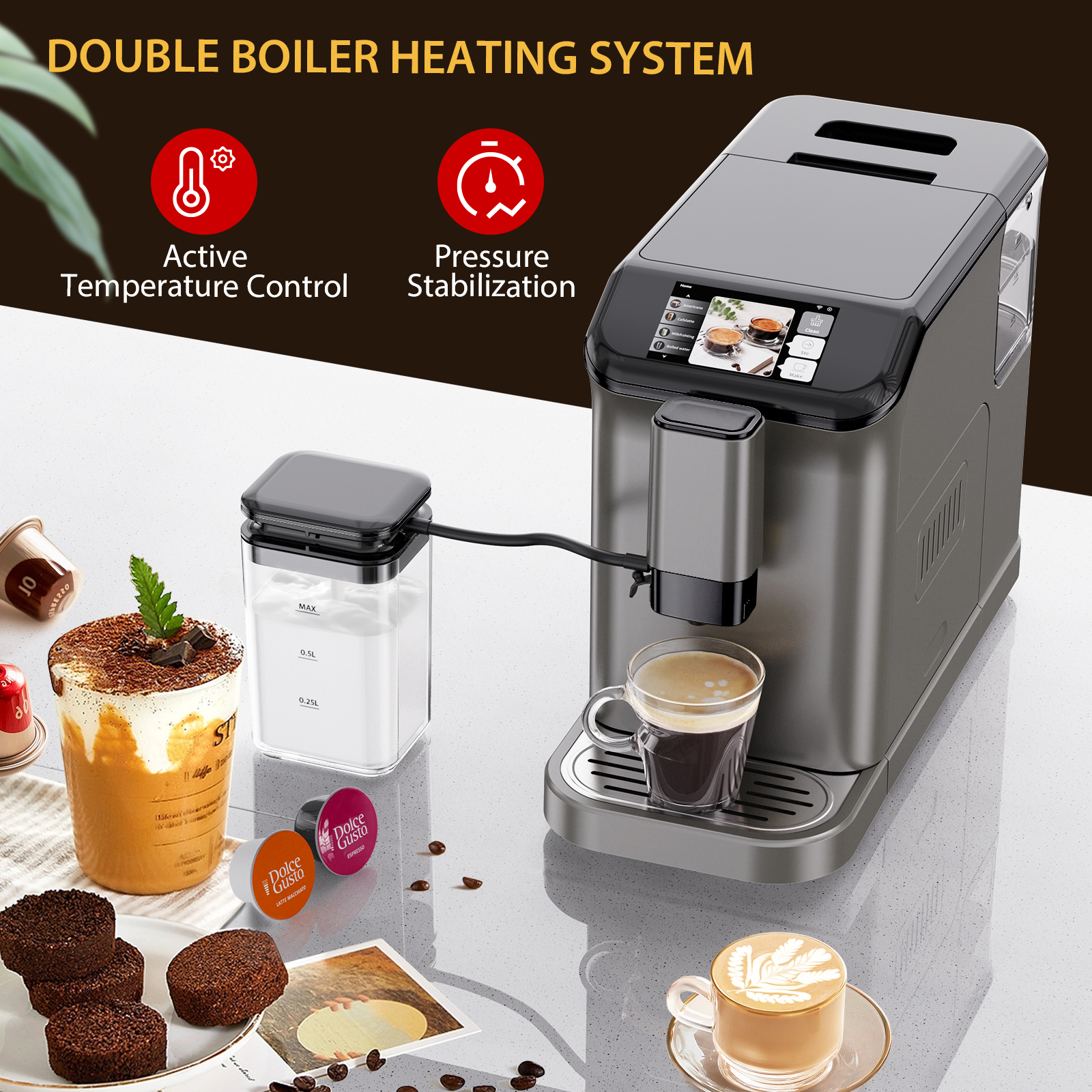 Ataucjin Fully Automatic Espresso Machine with Milk Frother, 4-in-1 Coffee Maker with Built-In Conical Burr Grinder & Touch Display, for Espresso, Cappuccino & Latte