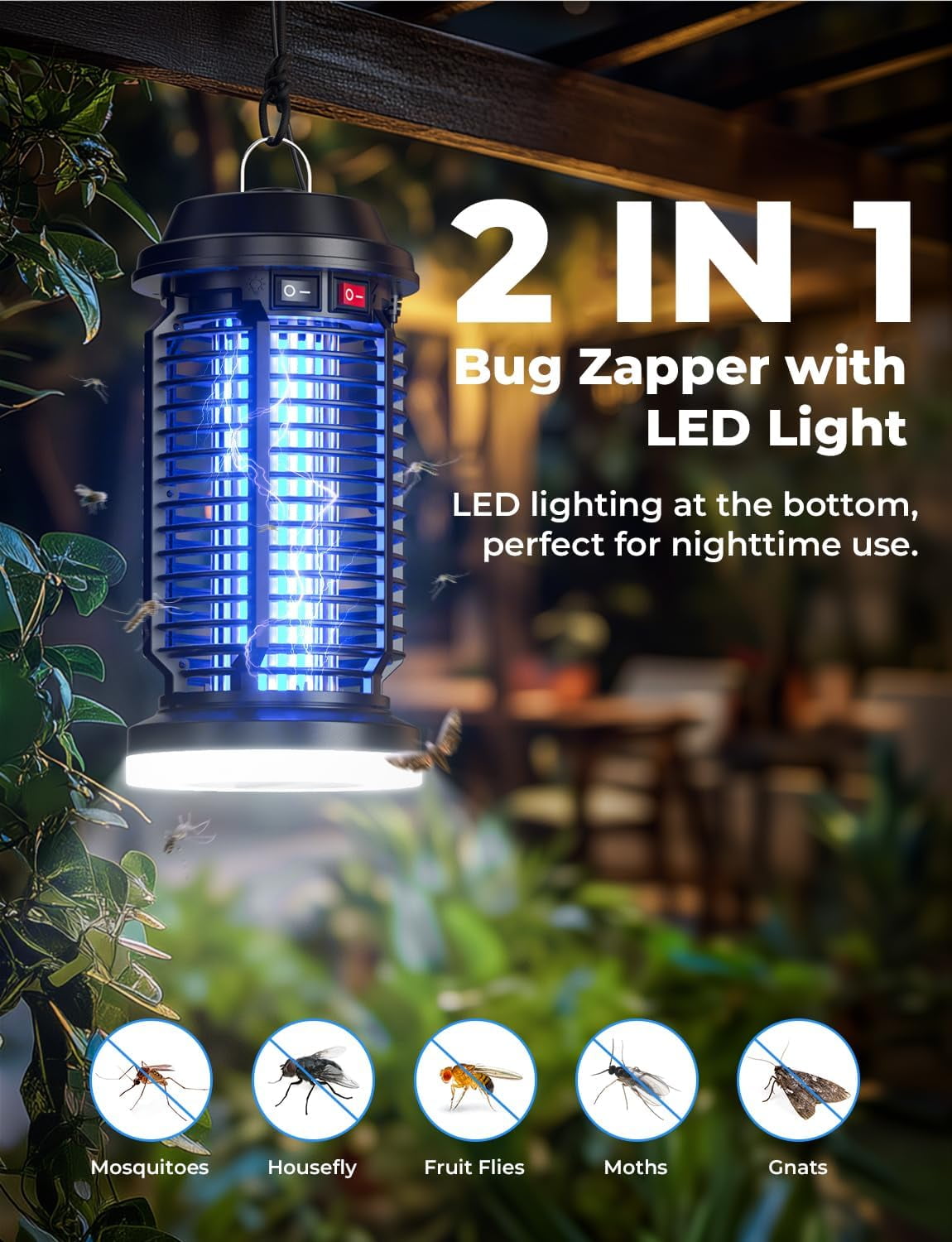 Bug Zapper Outdoor Indoor Waterproof Electric Mosquito Lamp Fly Zapper Killer Effective 4200V Plug in for Home Patio Office Courtyard