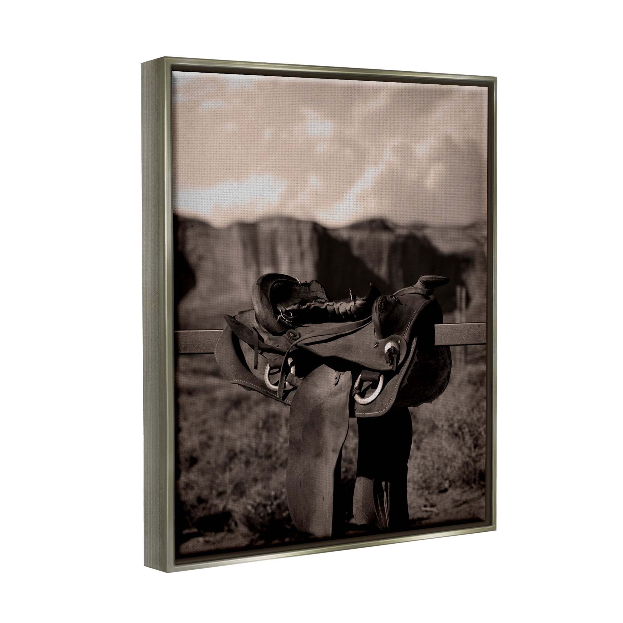 Stupell Industries Horse Saddle in Desert Landscape Photography Gray Floater Framed Canvas Art Print Wall Art, 25 x 31