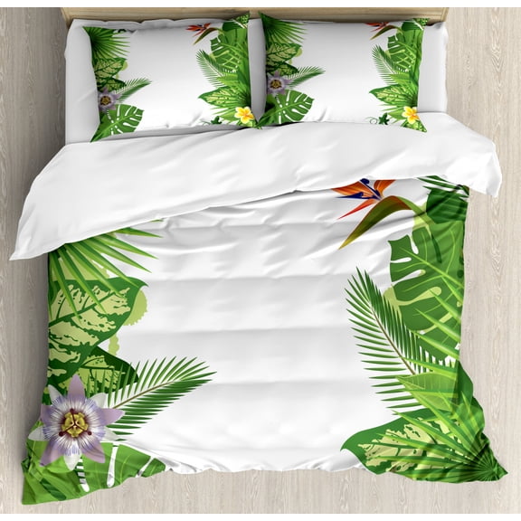 Tropical Duvet Cover Set King Size, Lush Growth Rainforest of Hawaii with Frangipani Philodendron Birds of Paradise, Decorative 3 Piece Bedding Set with 2 Pillow Shams, Multicolor, by Ambesonne