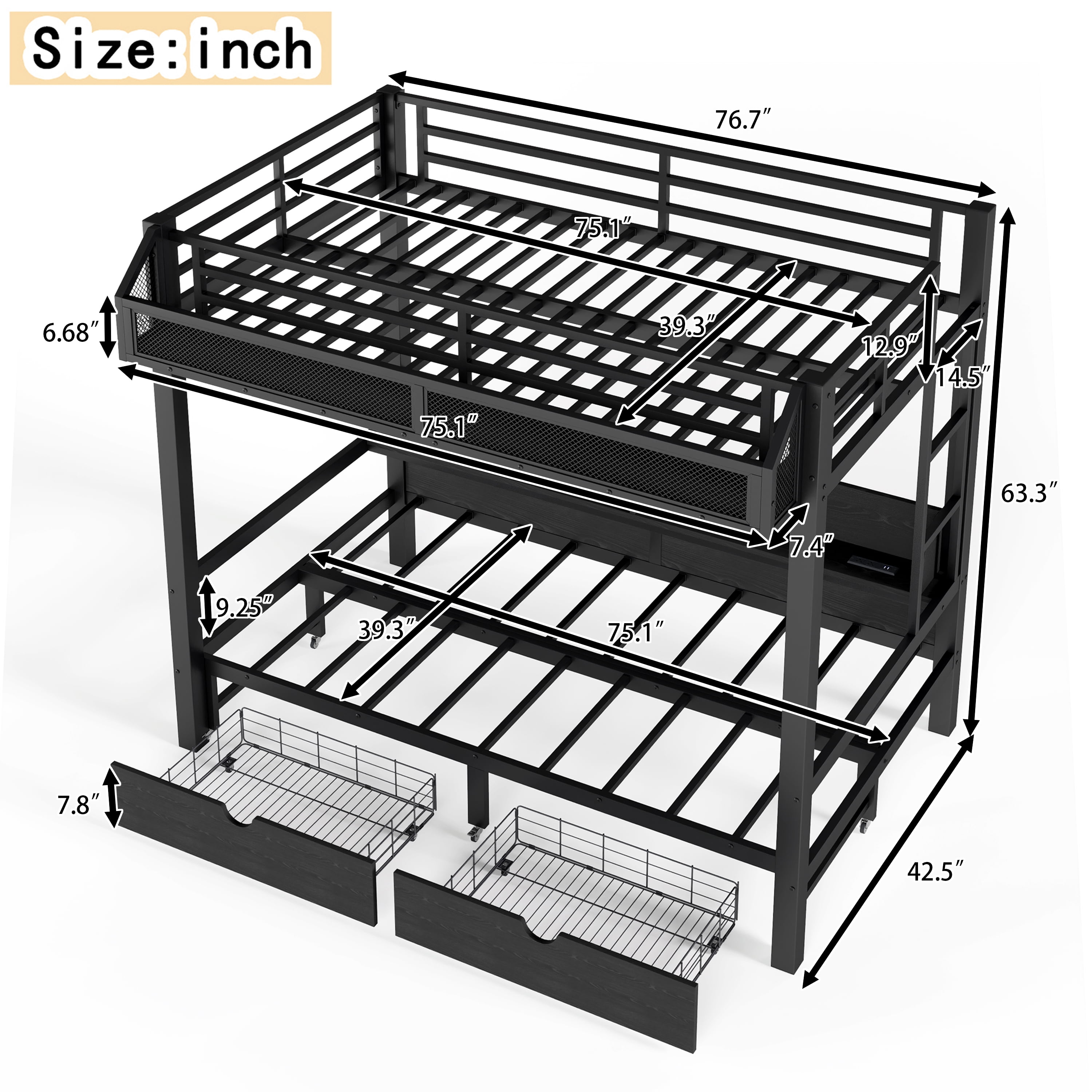 Mintazer Twin Over Twin Metal Bunk Bed with LED Light, USB Ports, 2 Drawers & Shelves, Bunk Bed Frame with Guardrails and Ladder for Kids Teens Bedroom Apartment, Black