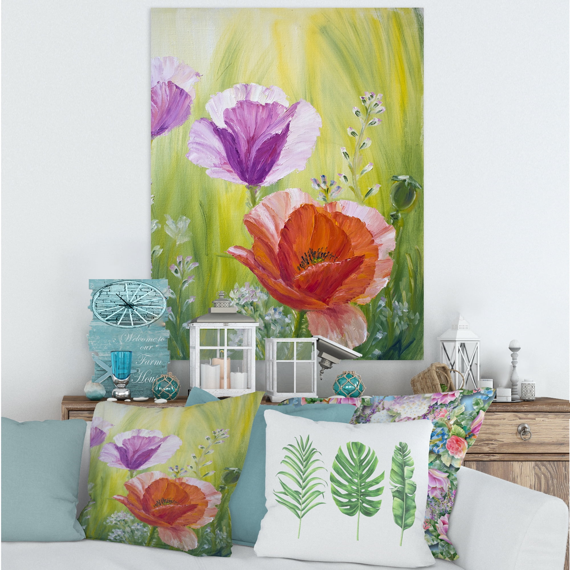 Designart ' Poppies In The Morning In Wild Green ' Traditional Canvas Wall Art Print