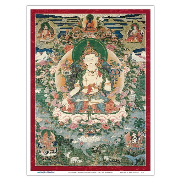 Manjushri - Gentle Glory - Bodhisattva of Wisdom - Vintage Tibetan Thangka Buddhist Painting - Tibet, 13th Century - Master Art Print (Unframed) 9in x 12in