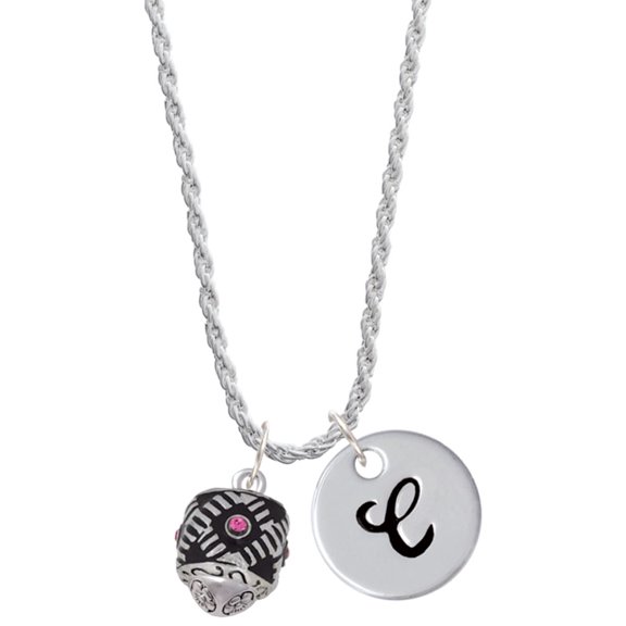 Delight Jewelry Silvertone Diagonal Banded Barrel with Hot Pink Crystals Spinner Silvertone Script Initial Disc - C - Charm Necklace, 20" 3"