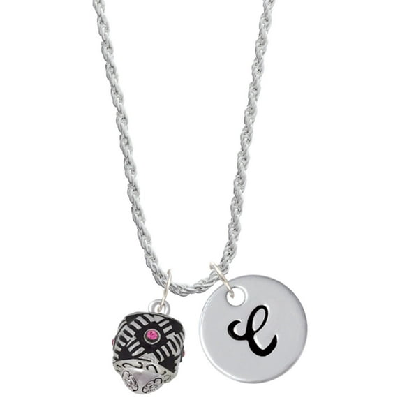 Delight Jewelry Silvertone Diagonal Banded Barrel with Hot Pink Crystals Spinner Silvertone Script Initial Disc - C - Charm Necklace, 20"+3"