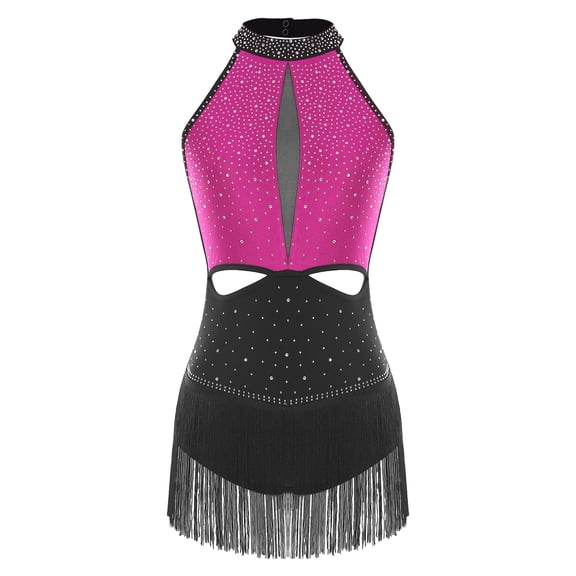 SiiRoh Latin Dance Leotard for Women Color Block Jazz Dance Bodysuit Fringe Samba Ballroom Dancewear Hot Pink XXL