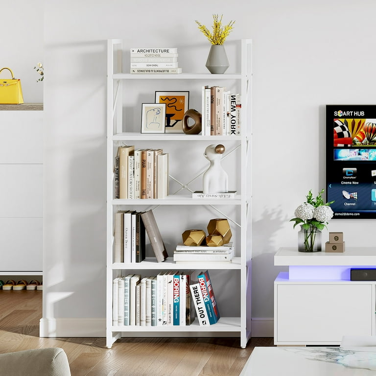 Dextrus 5 Tier Bookshelf White Bookcase Industrial Freestanding Book Shelf Modern Open Display Storage Organizer Book Shelves for Bedroom Living