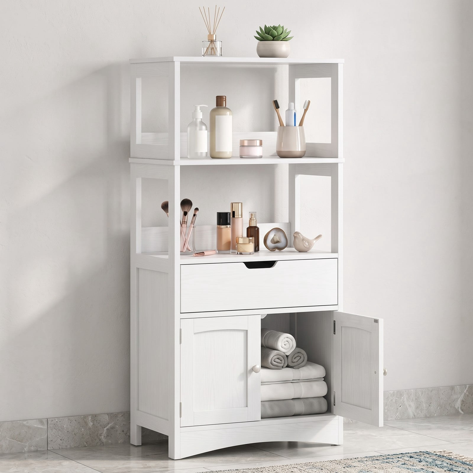 ALPULON Bathroom Storage Cabinet with Drawer and Shelf, Freestanding Floor Cabinet, Waterproof MDF Organizer for Bathroom Bedroom Living Room Entryway, Anti-Tip, White