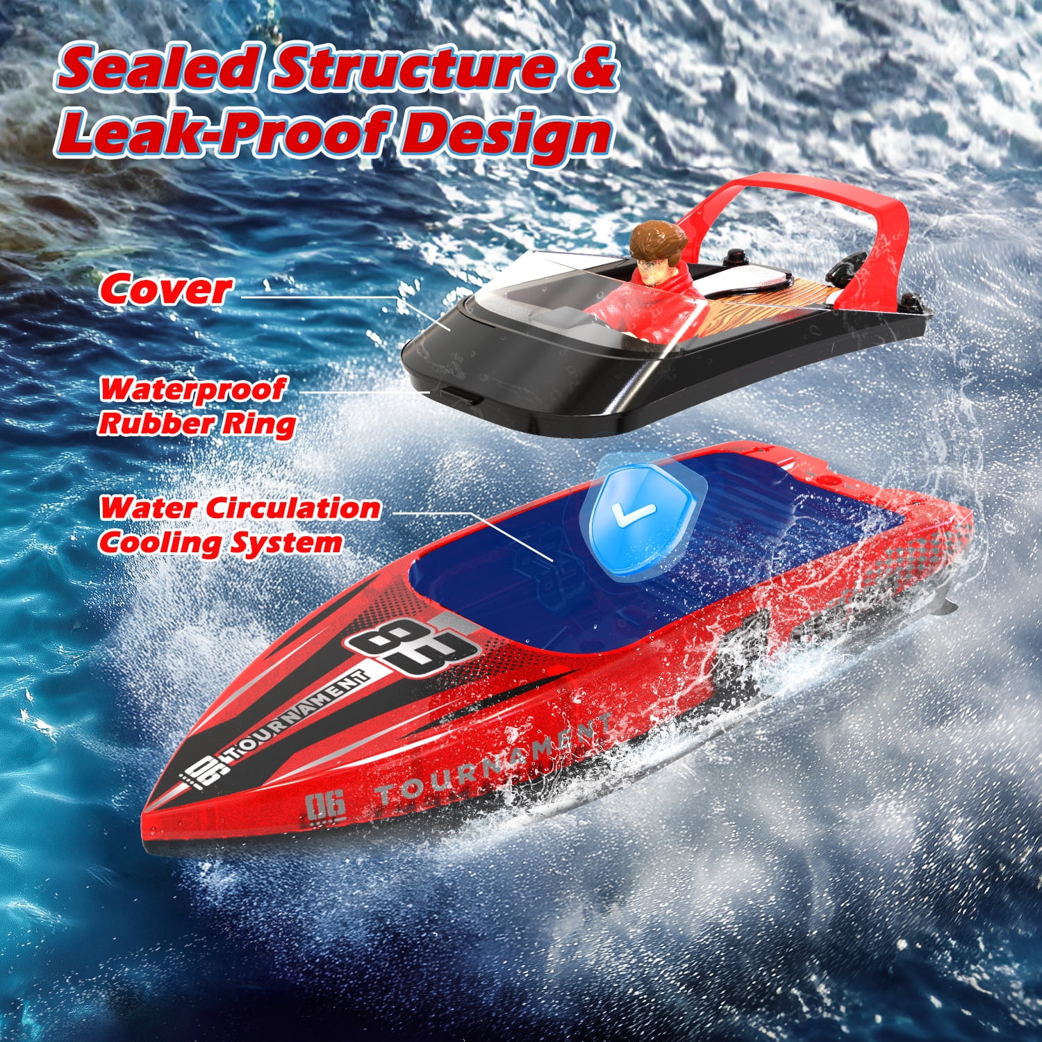JoyStone 10 Inch RC Boat with LED Lights for Adults and Kids - 2.4Ghz Remote Control Boat for Pool and Lakes, Dual Motor & Low Battery Alarm, Gifts for 8-12 Boys Girls(Red)