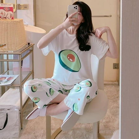 

Love The New Pajamas Women Summer Short-sleeved Trousers Loose Cartoon Casual Home Service Suit Two-piece Avocado Color Is Optional