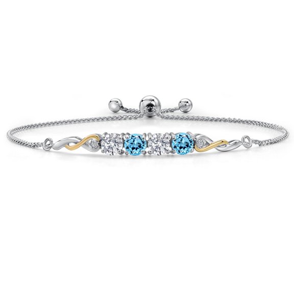 Gem Stone King 925 Silver and 10K Yellow Gold White Lab Grown Diamond and Swiss Blue Topaz Bracelet for Women | 2.32 Cttw | Gemstone April Birthstone | Round 5MM | Fully Adjustable 9 inch