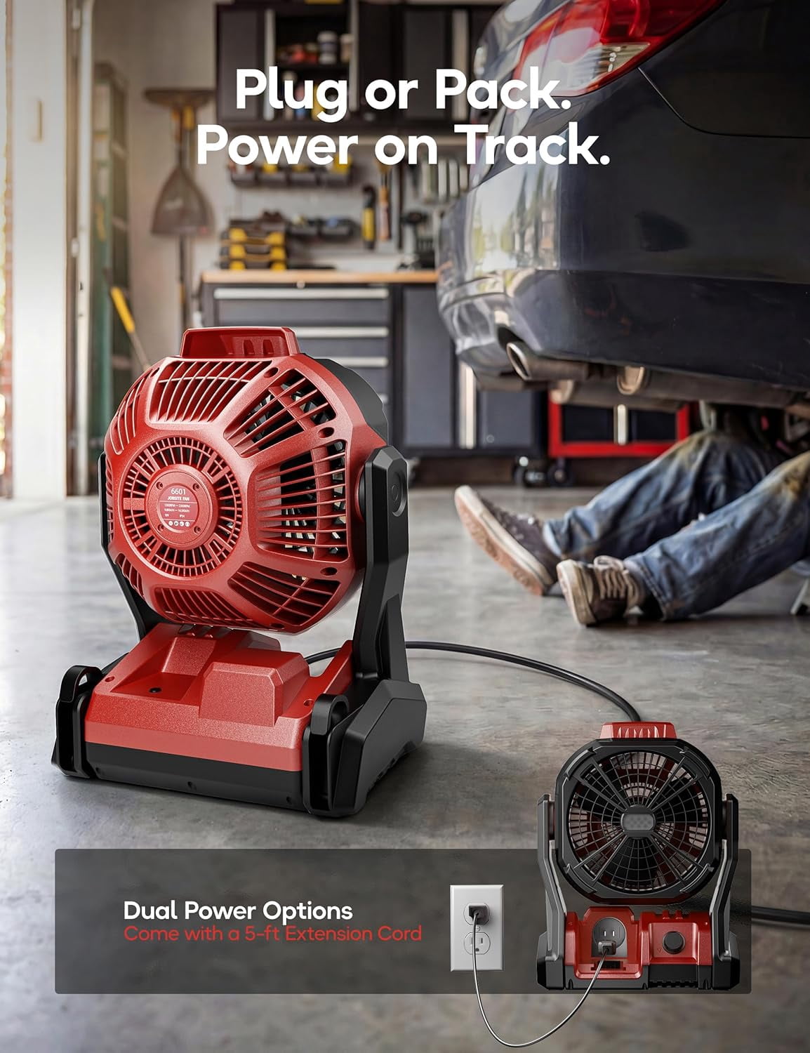 Battery Operated Fan, for Milwaukee M18 18V Battery, Camping Fan Cordless, Option for Corded, with LED Lights, Variable Speed, Hook for Hanging, for Jobsite, Red(Bare Tool Only)