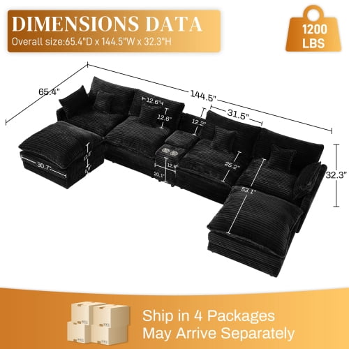 Howcool 145" U Shaped Cloud Couch Modular Sectional Couches for Living Room,Comfy Fluffy Corduroy Oversized Cloud Sectional Couch Large 6 Seat Sectionals Sofa Set Central Console USB Port,Black