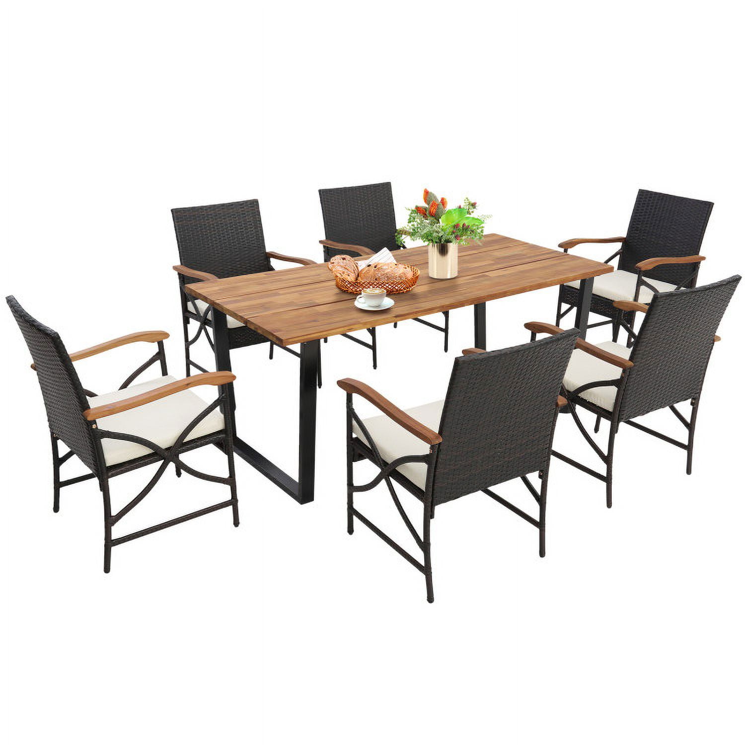 Aimee Lii Acacia Wood Table and 6 Wicker Chairs with Umbrella Hole-X-side Handrail, Outdoor Patio Furniture Aimee Lii Acacia Wood Table and 6 Wicker Chairs with Umbrella Hole-X-side Handrail, Outdoor Patio Furniture