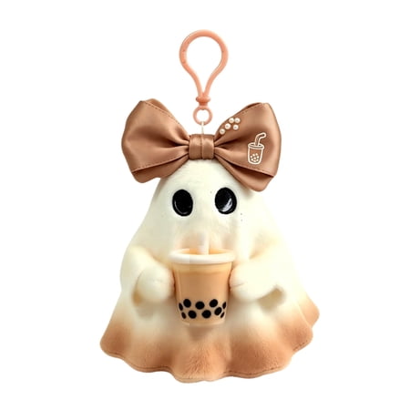 Sweet Bow Ghost Plush Bag Charm Soft Stuffed Ghost Key Chain With Milk Tea Halloween Gift Accessory (Style J Hold Milk Tea)
