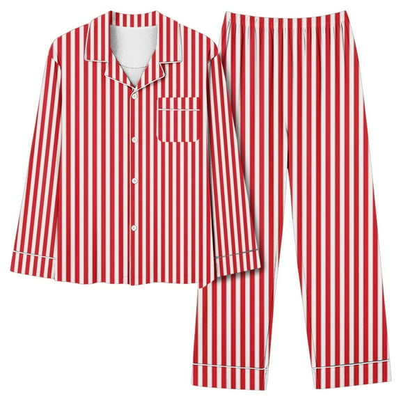 UAMVSH Striped 2 Piece Pajama Sets for Women Fashion Long Sleeve Pockets Loungewear Button down Notch Collar Shirts and Wide Leg Pants(X-Large,Red)