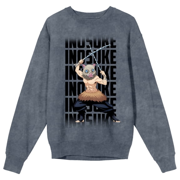 Demon Slayer Inosuke Adult Mineral Wash Dark Slate Crew Neck Long Sleeve Sweatshirt-Medium