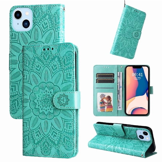 Funda tipo cartera GANGXUN para iPhone 14 Plus , diseño girasol, cuero PU, soporte, cierre magnético, tarjetero