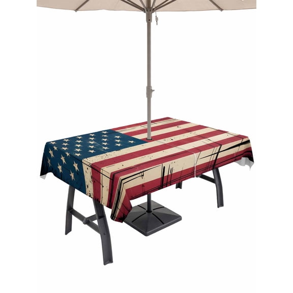 Outdoor Tablecloth with Umbrella Hole for Patio/Picnic/Party/Camping, 4 of July Waterproof Table Cloth Rectangle Table Cover Washable, American Flag Vintage Red White Stripes Stars (52"x 70")