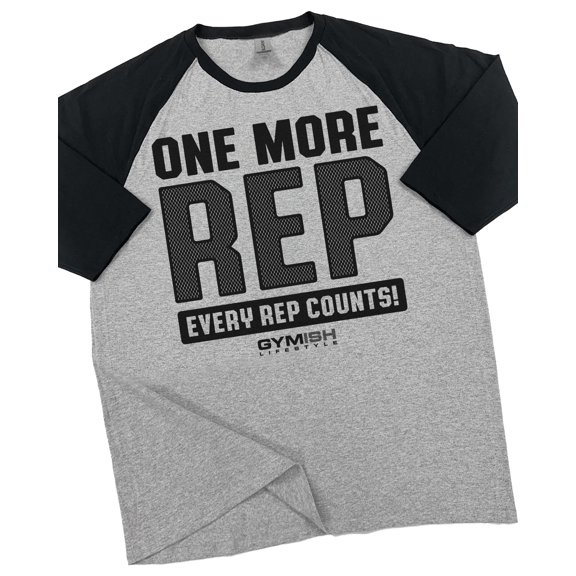 Gymish Raglan One More Rep Workout T-Shirt for Men – Funny Gym Shirt, Men's Fitness Apparel, Heather Grey, Small