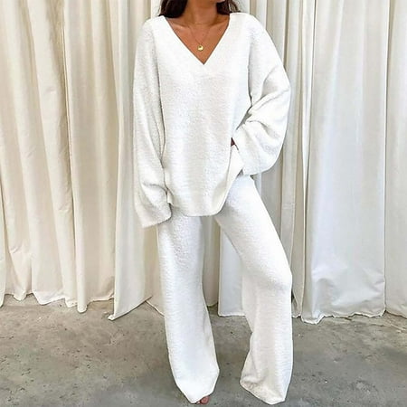 Women s Cotton Sleepwear Women S Fuzzy Sets 2 Piece Outfits Long Sleeve Top Wide Leg Pants Pajama Sets White Women s Sleepwear L