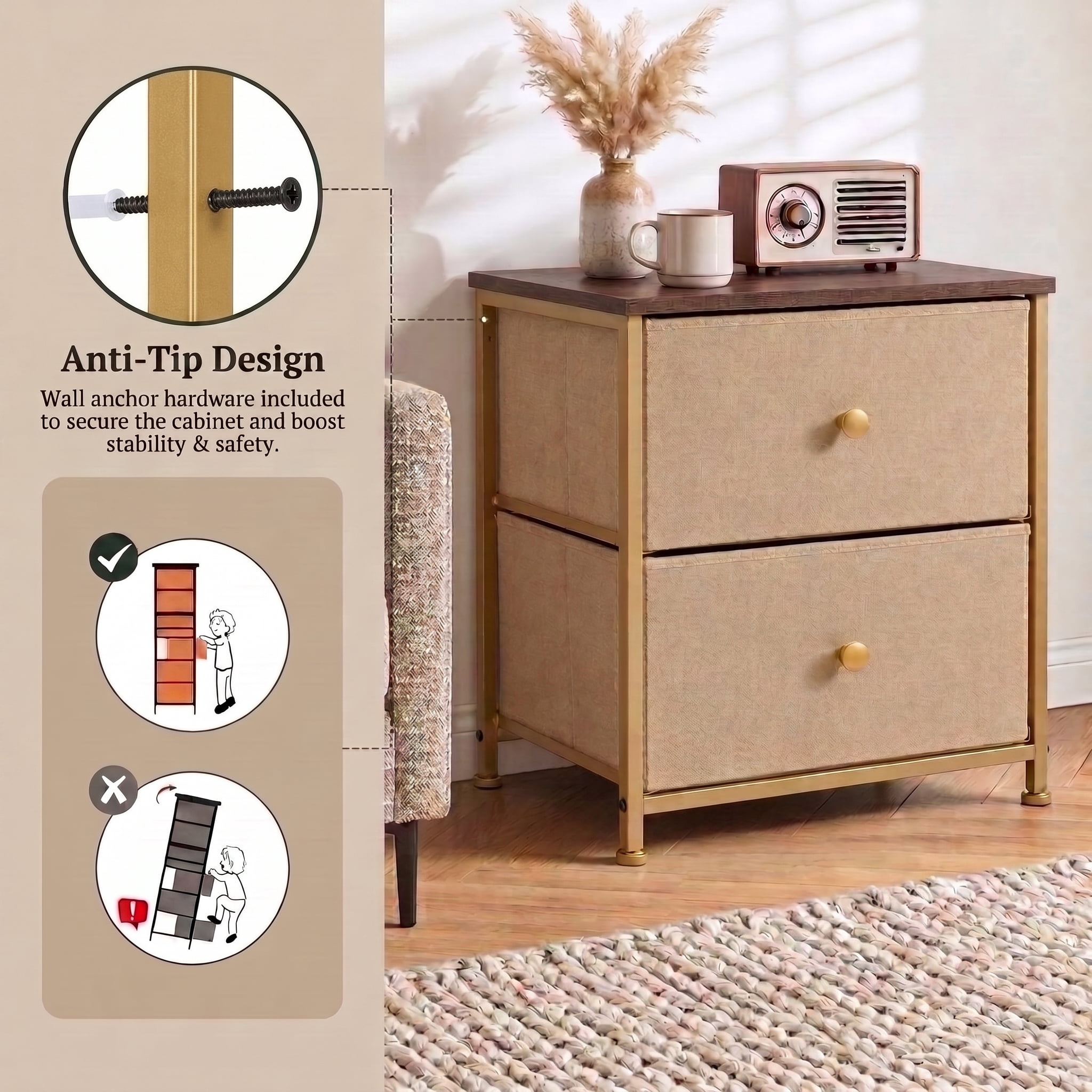 TrumanPick 2-Drawer Fabric Storage Dresser, Fabric Nightstand for Bedroom, Small Dresser for Closet Dorm 11.8"D x 18"W x 20"H, Khaki