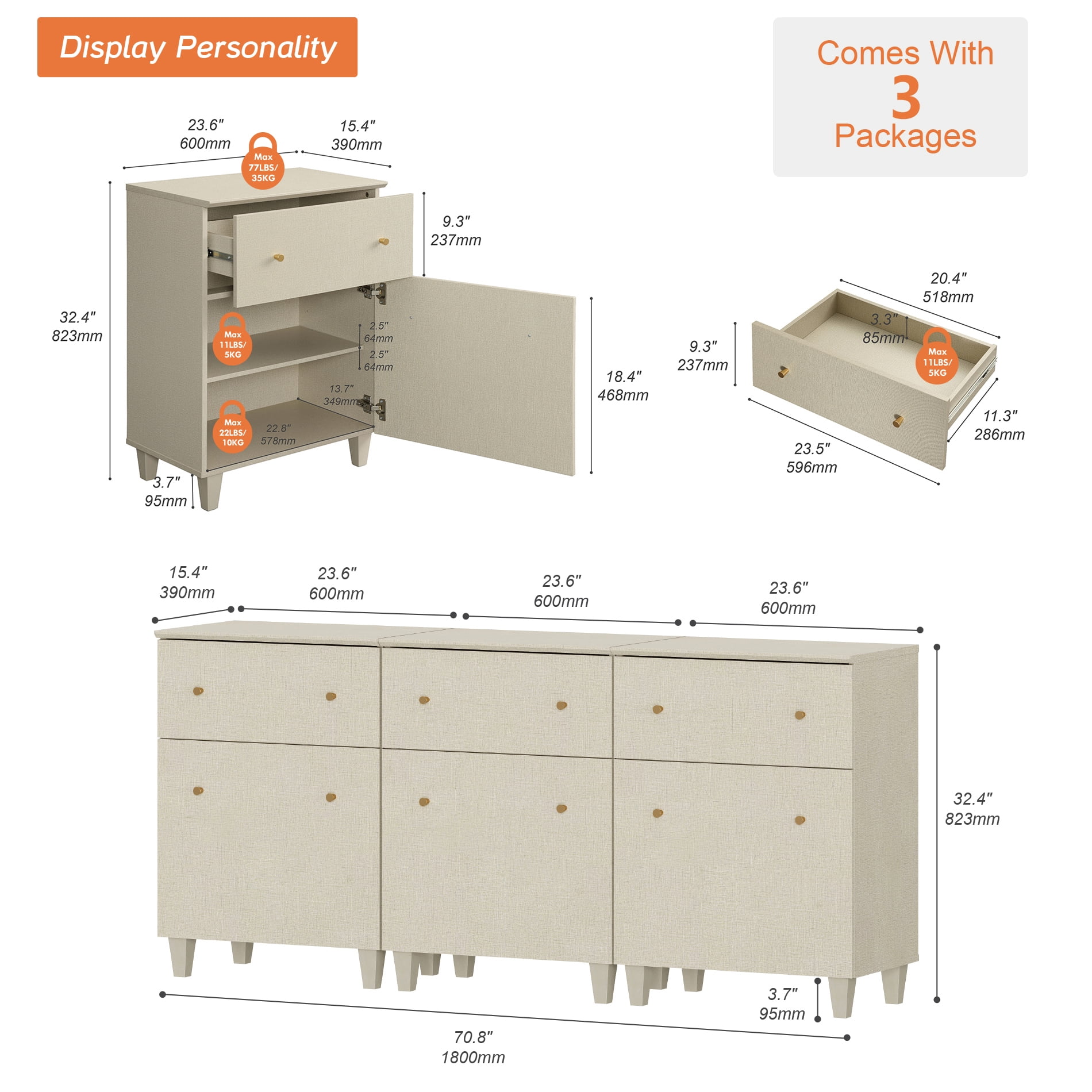 Buffet Storage Cabinet with 3 Drawers and 3 Adjustable Shelves, 71" Wide, Beige Linen Printed Finish, 3 Pack