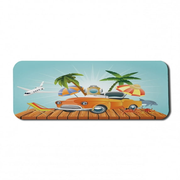 Travel Computer Mouse Pad, Summer Vacation Themed Digital Image with Retro Cart Palms Parasol and Plane, Rectangle Non-Slip Rubber Mousepad Large, 31" x 12", Seafoam Multicolor, by Ambesonne
