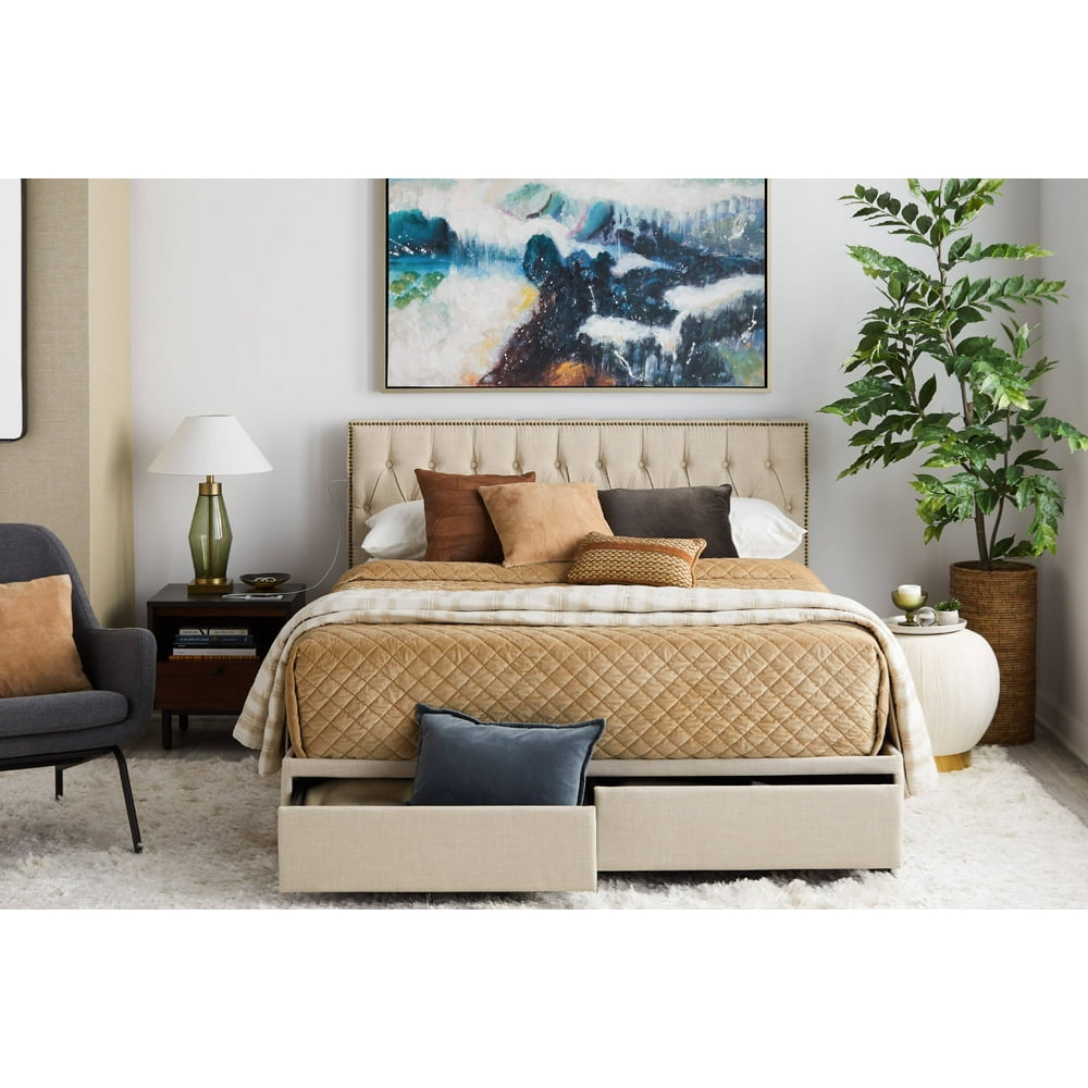 Upholstered Queen Storage Bed with USB and Nail Head Trim