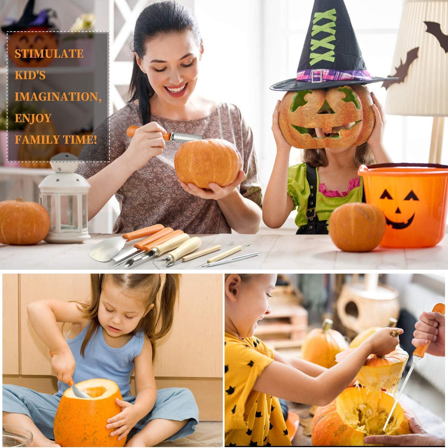 Kit De Sculpture De Citrouille Halloween – 7 Outils En Acier Inoxydable + 10 Modèles De Gravure – Pour Adultes Et Enfants, Créations DIY – Pochette De Rangement Incluse