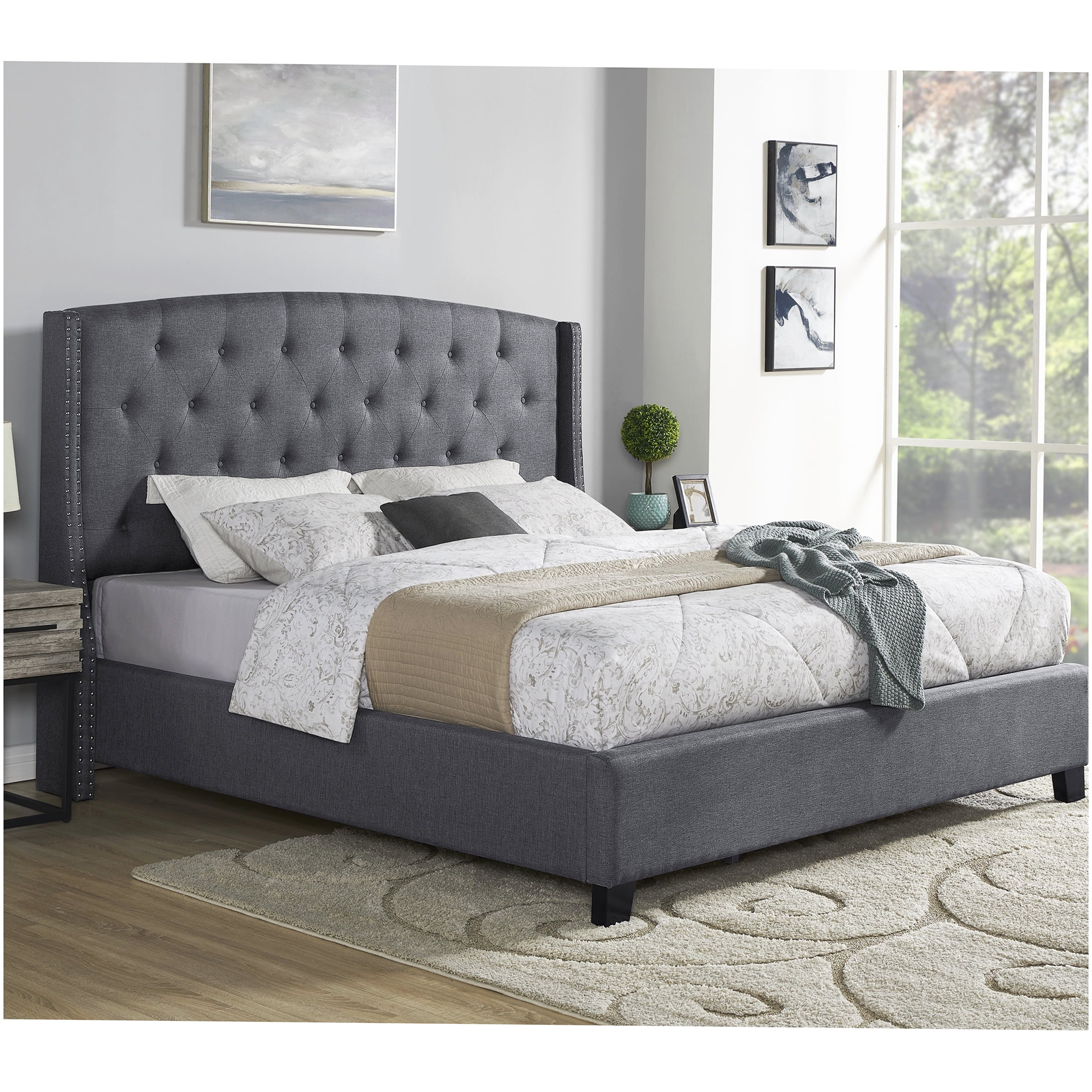 Queen Size Upholstered Bed Frame with Wingback Headboard, Nailhead Trim and Button Tufted Accents, Gray Fabric