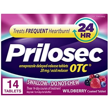 Prilosec OTC, Omeprazole Delayed Release, Acid Reducer, Treats Frequent Heartburn for 24 Hour Relief, Wildberry Flavor, 14 Count