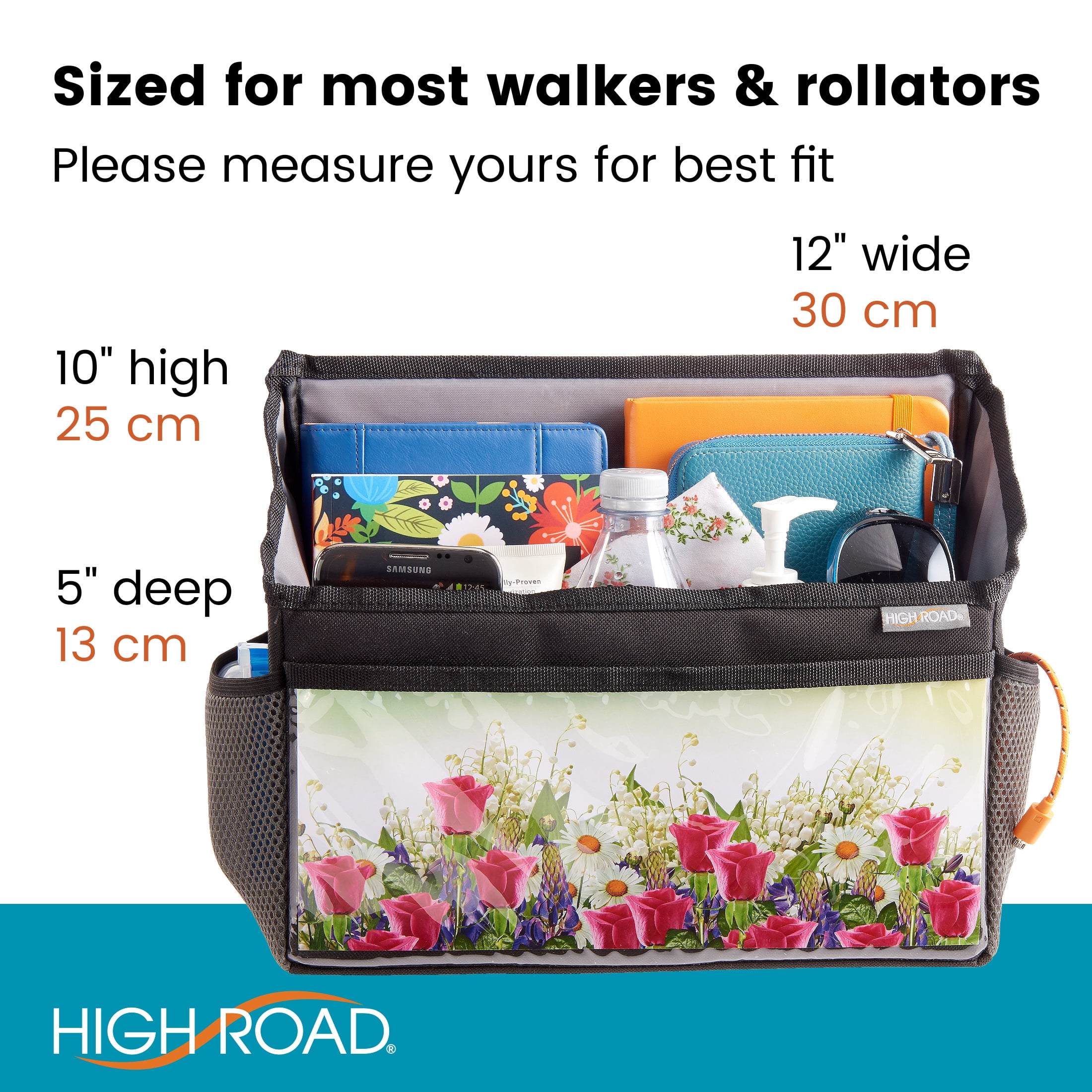 High Road Walker Bag with Clear Front Storage and Photo Pocket - Walker Basket for Folding Walker With Insulating Neoprene Cup Holder, 4 Storage Pockets and 5 Decorative Picture Inserts