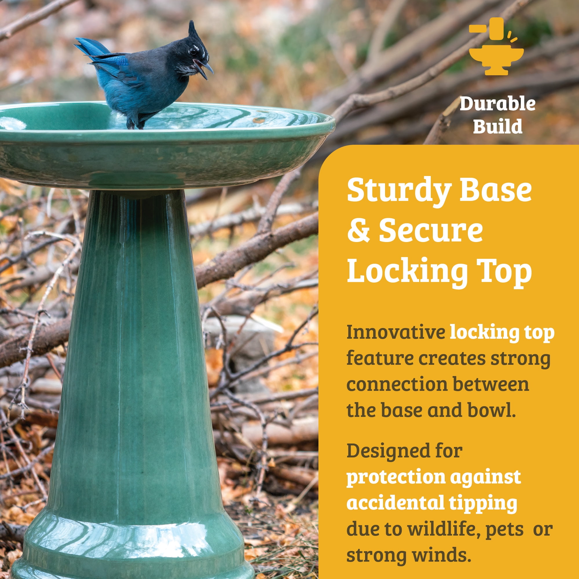 Birds Choice Ohio Stoneware Weather Resistant Ceramic Clay Pedestal Bird Bath, 22"H x 17"D, Hunter Greenreen
