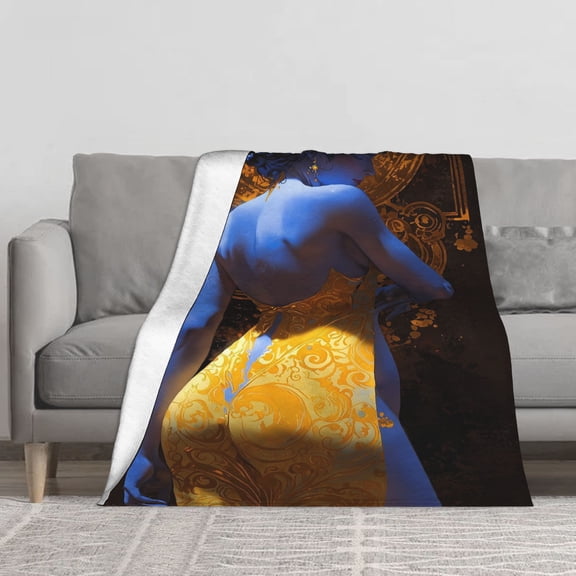 Soft Fleece Throw Blanket, Art Deco Blue‑Skin Lady in Golden Ornate Gown Print, Luxurious Vintage Art Decor Cozy Throw Blanket