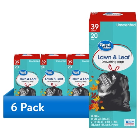 (6 pack) Great Value 39 gal Drawstring Lawn & Leaf Trash Bags 20 Bags