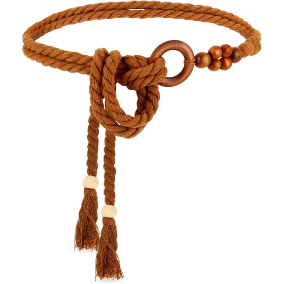YooGuoGuo Women's Tassel Braided Waist Belt, Skinny Woven Belt for Dress Waist Belt Rope Chain with Woven Wooden Beads