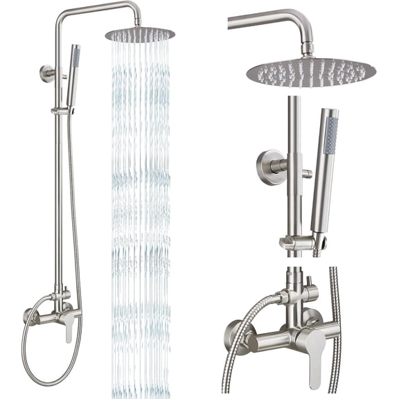 Zovajonia Brushed Nickel Outdoor Shower Fixture, SUS304 Stainless Steel Rain Shower Kit, 8" Head & Handheld,Wall Mount Single Handle Dual Function