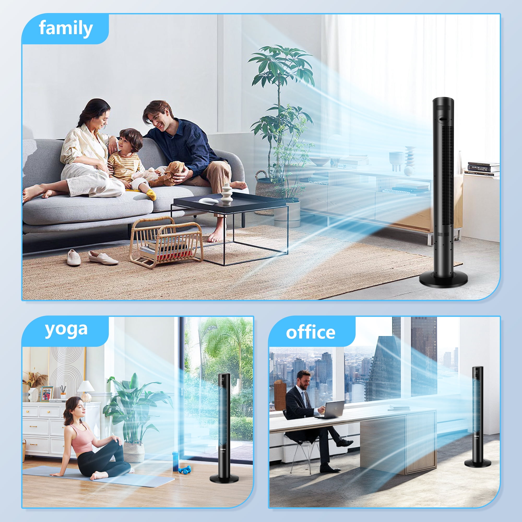 Qunler 45" Tower Fan with Remote, 8 Speed , 4 Modes, 12H Timer, Oscillation, Standing Fan for Bedroom, Office, Home, Black