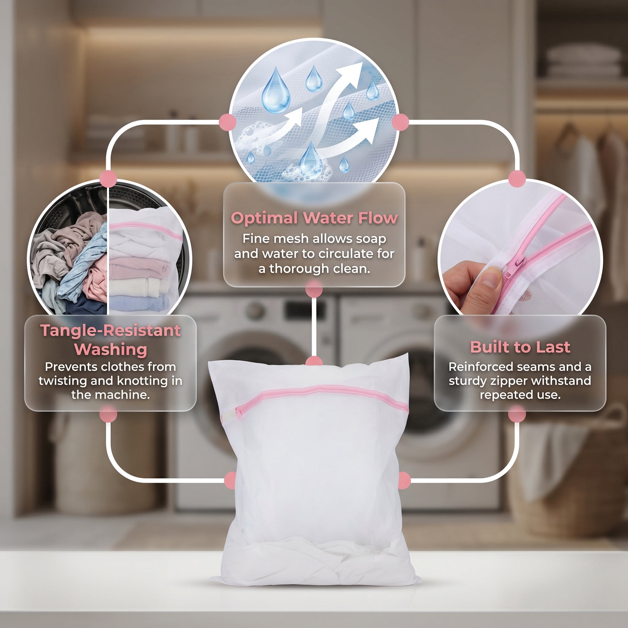 Unique Bargains 3Pcs Durable Mesh Zipper Closure Laundry Bag White-Pink 11.8" x 15.7"