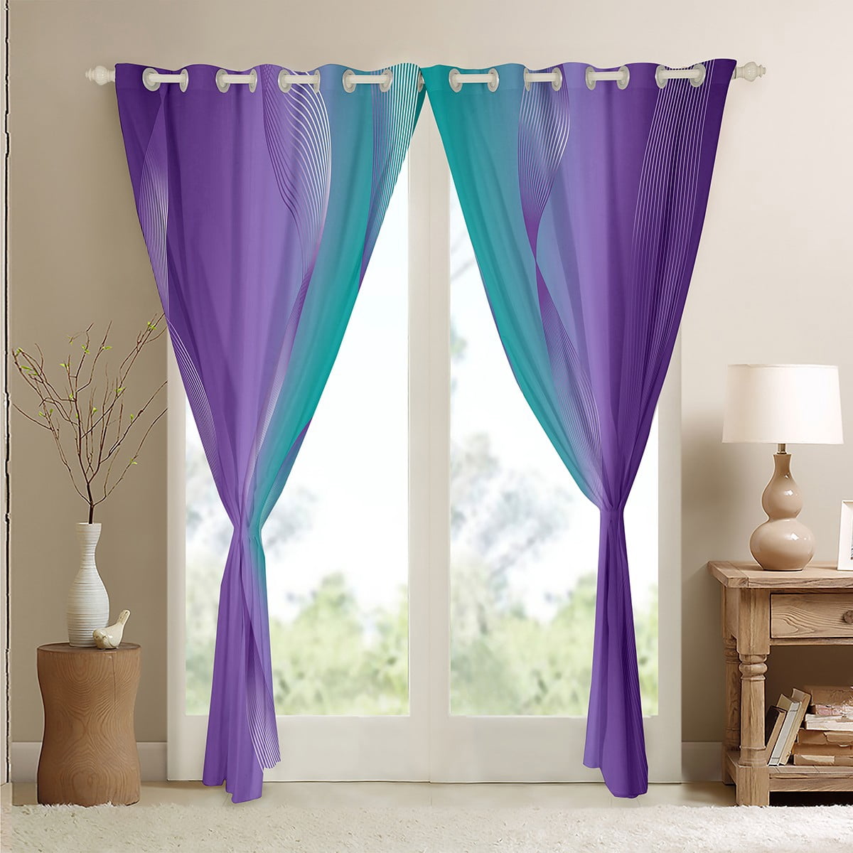 Gradient Teal and Purple Blackout Curtains Ombre Curtains & Drapes,Spiral Silver Print Wave Striped Pattern 2 Panels 42"Wx63"L Curtains,Abstract Art Room Decor Aesthetic