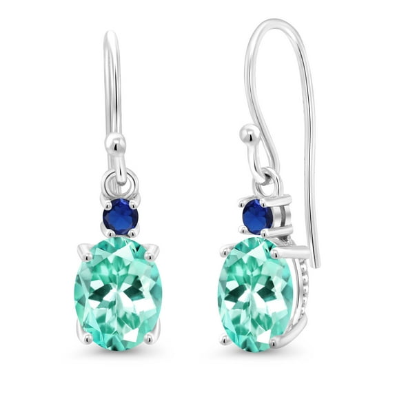 Gem Stone King 10K White Gold Blue Apatite and Blue Created Sapphire Dangle Earrings for Women (2.54 Cttw, Gemstone Birthstone, Oval 8x6mm)