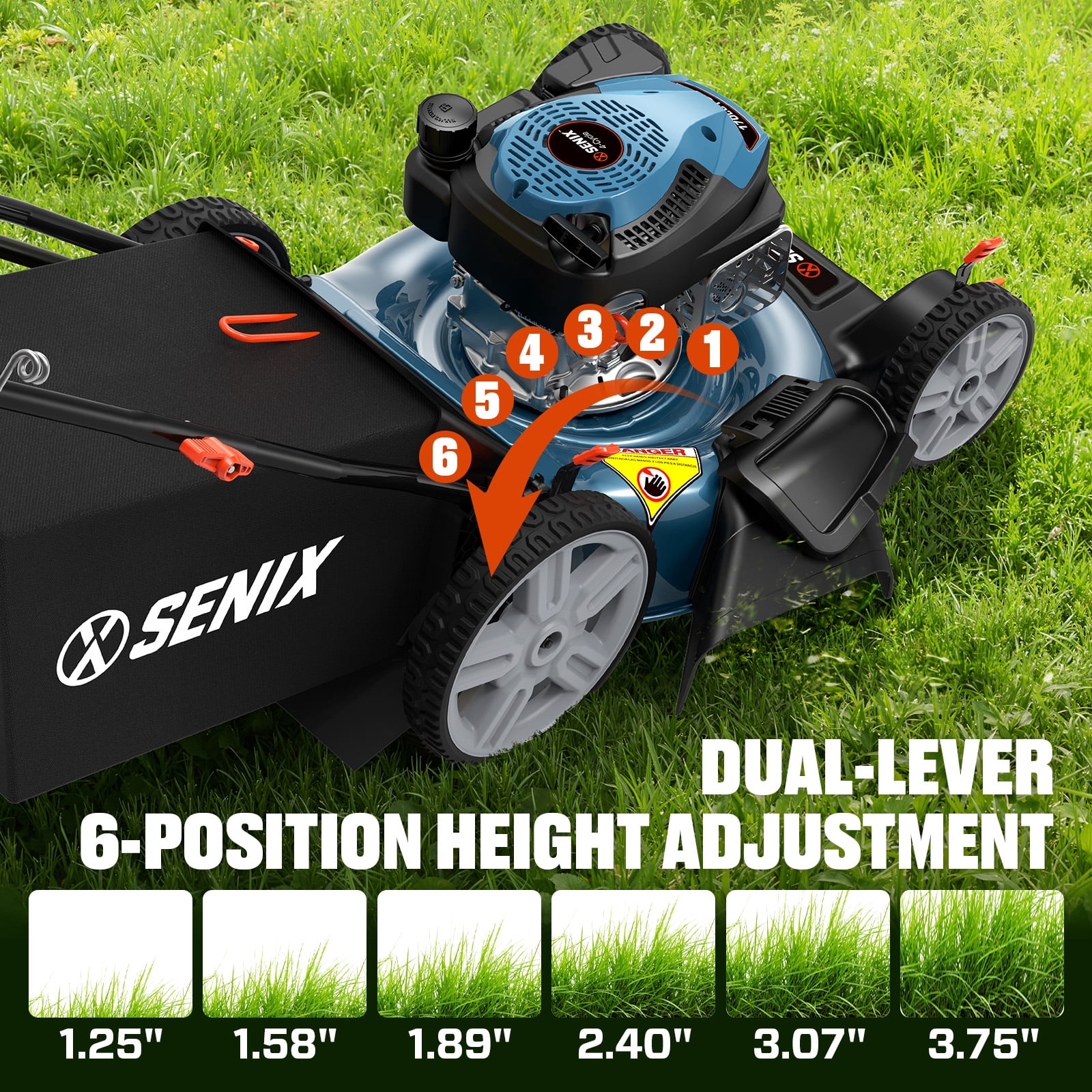 SENIX 21" 144cc Gas Lawn Mower, 4-Stroke Engine, 3-in-1, 6-Height Adjustment, 11" Rear Wheels, 16 Gal Bag